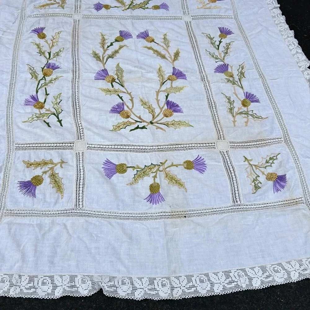 Vintage Hand Embroidered Irish Thistle Floral Table Cloth White Crochet Lace